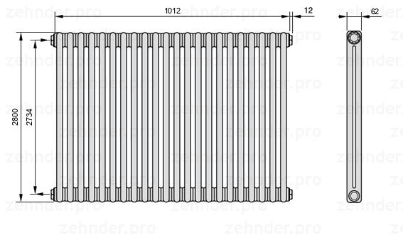 Схема (чертеж) Радиатор Zehnder Charleston 2280/22 №1270 Белый глянцевый RAL 9016